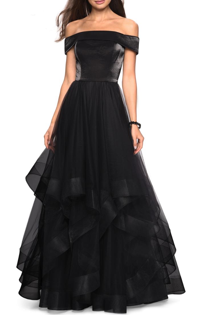 Women's La Femme Off The Shoulder Evening Dress - Black