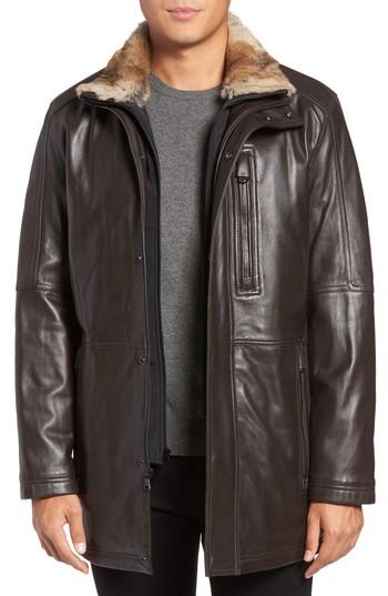 Men's Marc New York Middlebury Leather Car Coat With Genuine Rabbit Fur Trim, Size - Brown