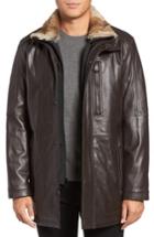 Men's Marc New York Middlebury Leather Car Coat With Genuine Rabbit Fur Trim, Size - Brown