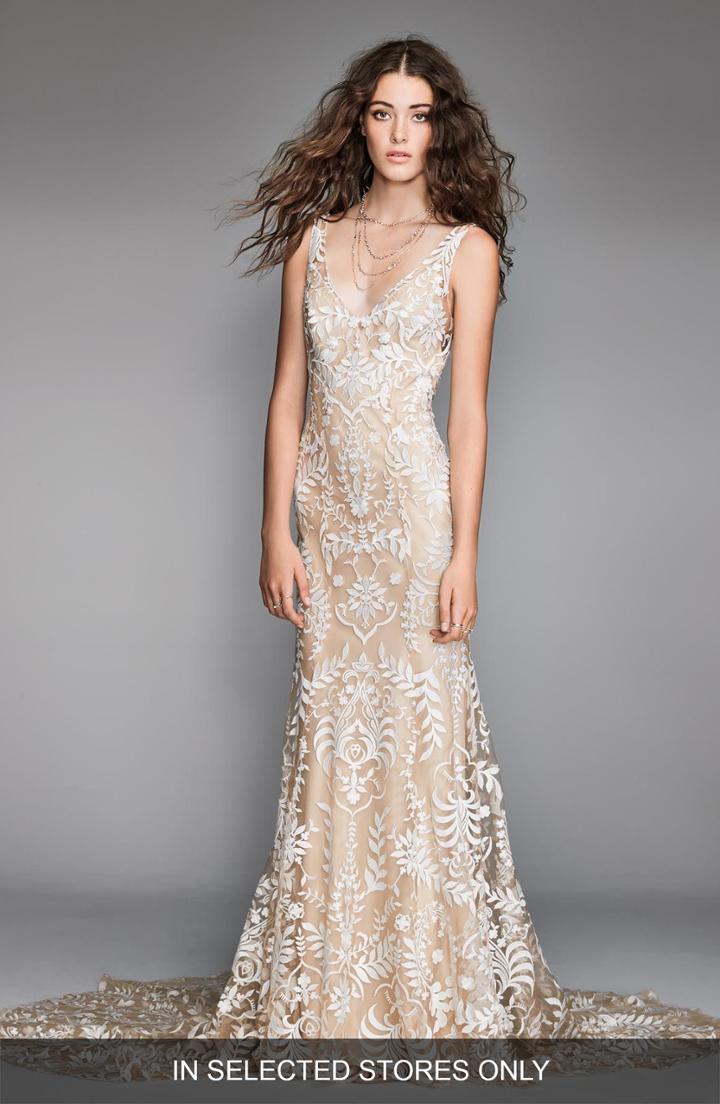 Women's Willowby Corella Embroidered Lace & Charmeuse Mermaid Gown, Size In Store Only - Beige