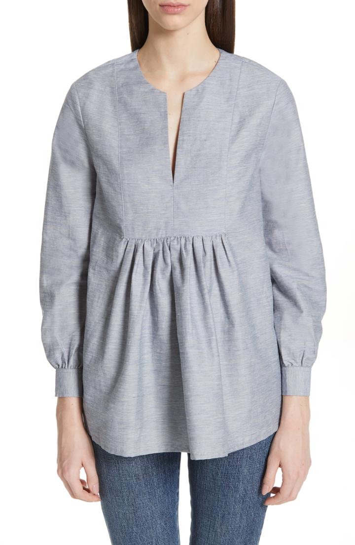 Women's Co Cotton & Linen Blend Split Neck Blouse - Blue