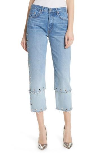 Women's Grlfrnd Helena Grommet Detail Straight Leg Crop Jeans - Blue