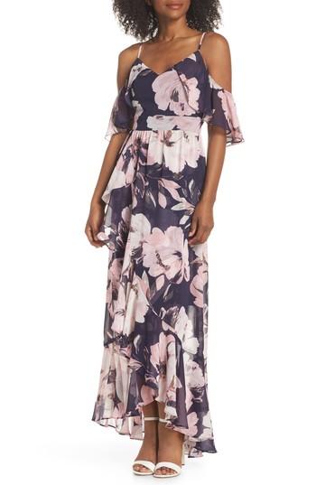 Women's Vince Camuto Print Cold Shoulder Chiffon Maxi Dress - Blue