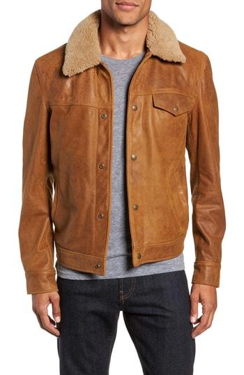 Men's Schott Nyc Vintage Buffalo Leather Trucker Jacket With Genuine Sheepskin Collar - Brown