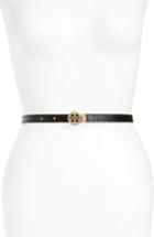 Women's Tory Burch Logo Reversible Leather Skinny Belt - Black Patent/ Gold Metallic