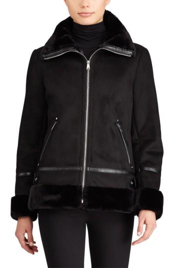 Women's Lauren Ralph Lauren Faux Shearling Bomber Jacket - Black