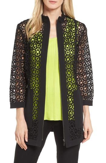 Women's Ming Wang Pointelle Zip Front Jacket - Black