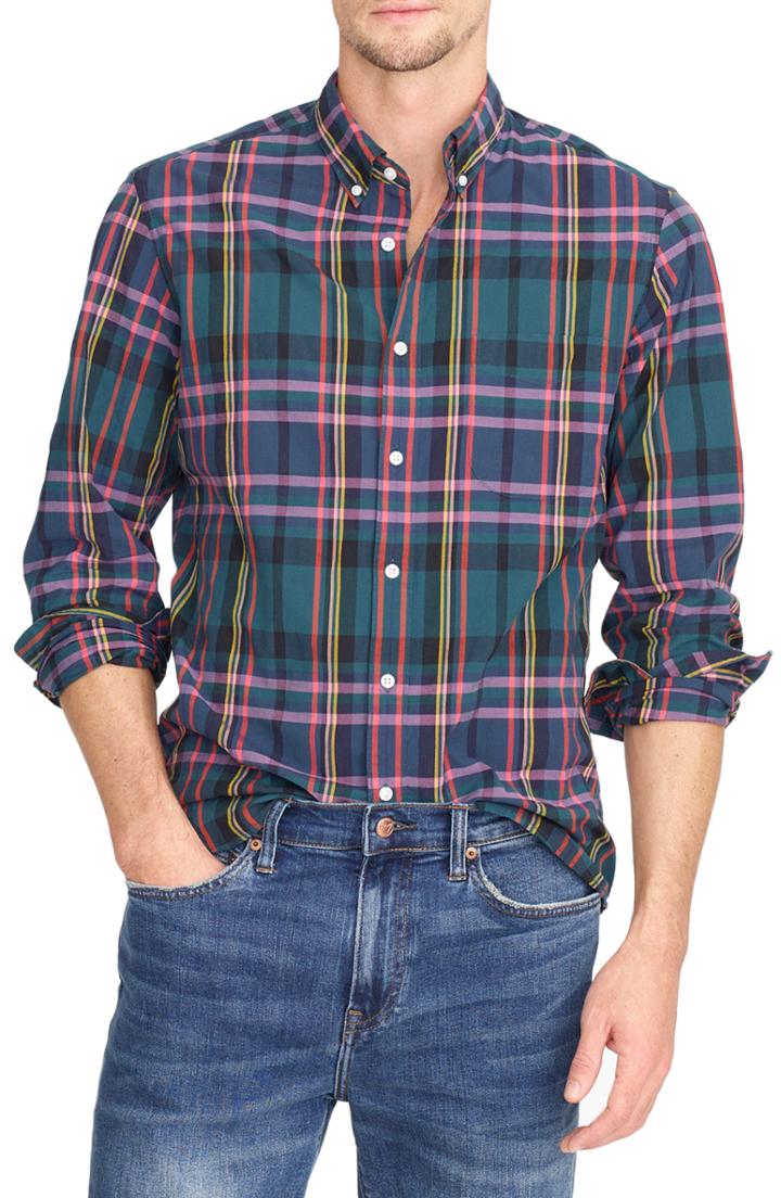 Men's J.crew Slim Fit Stretch Secret Wash Plaid Sport Shirt