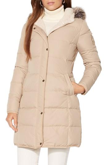 Petite Women's Lauren Ralph Lauren Quilted Down & Feather Jacket With Faux Fur Trim