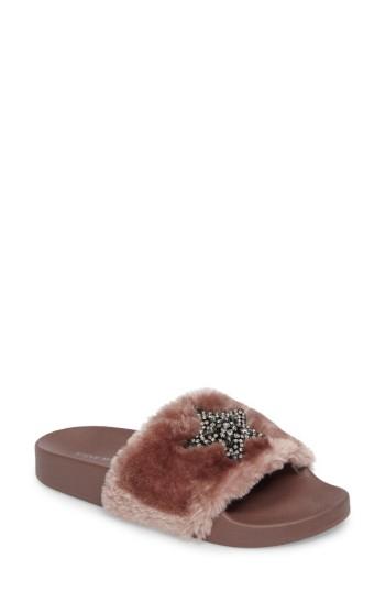 Women's Steve Madden Shimmer Embellished Faux Fur Slide M - Pink