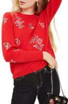 Women's Topshop China Floral Embroidered Sweater Us (fits Like 0-2) - Red