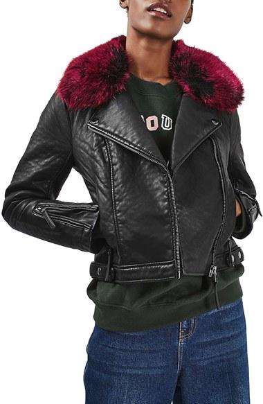 Women's Topshop 'honey' Faux Fur Collar Faux Leather Moto Jacket
