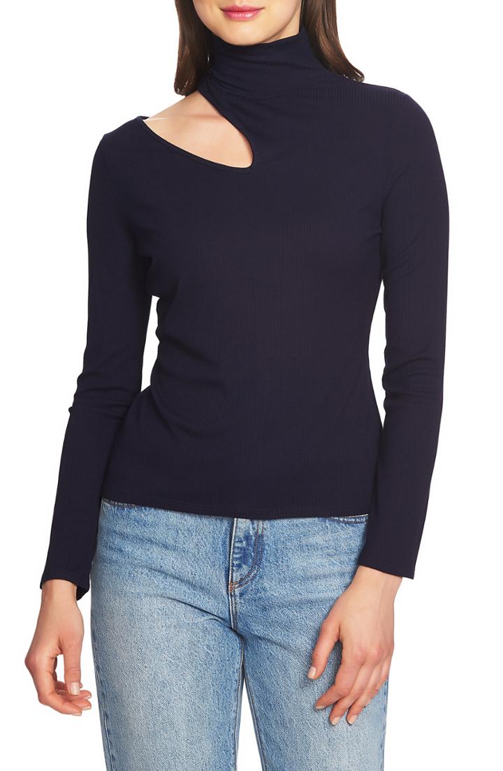 Women's 1.state Shoulder Cutout Mock Neck Rib Knit Top - Blue