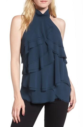 Women's Trouve Raw Edge Ruffle Chiffon Blouse, Size - Blue