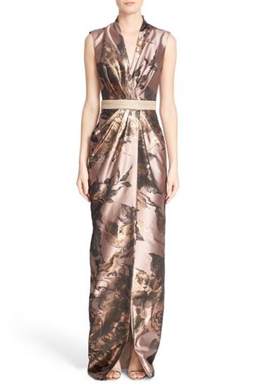 Women's Badgley Mischka Couture Embellished Waist Sleeveless Floral V-neck Gown - Coral