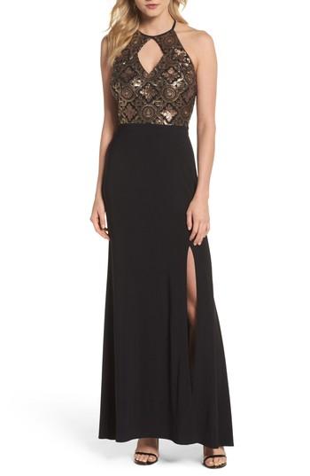 Petite Women's Xscape Cutout Sequin Bodice Gown P - Black