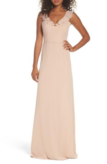 Women's Monique Lhuillier Bridesmaids Keira Backless Chiffon Gown - Beige