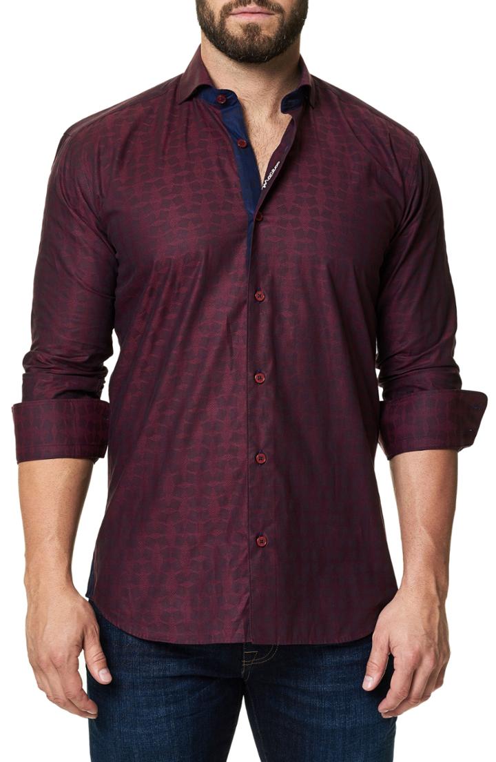 Men's Maceoo Trim Fit Print Sport Shirt (l) - Burgundy