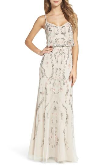 Petite Women's Adrianna Papell Mesh Blouson Gown P - Ivory
