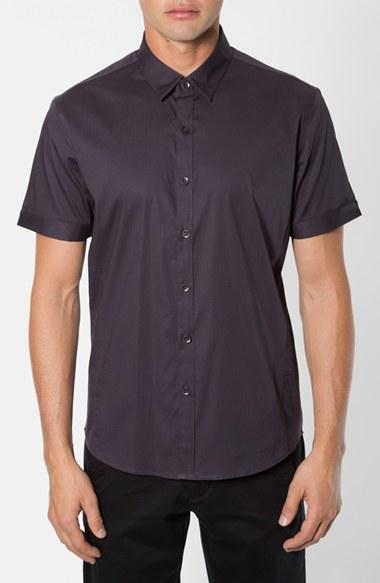Men's 7 Diamonds 'feel Free' Trim Fit Short Sleeve Stripe Stretch Woven Shirt, Size - Black