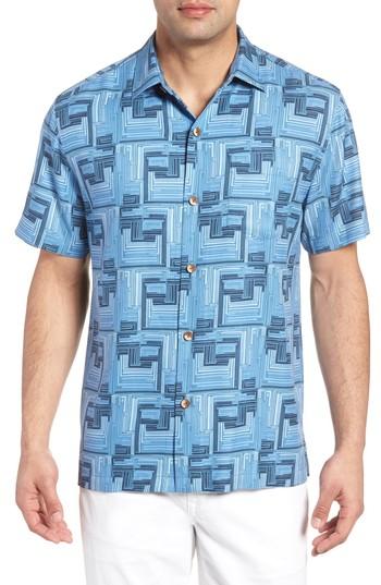 Men's Tommy Bahama Mayan Maze Silk Blend Performance Camp Shirt - Blue