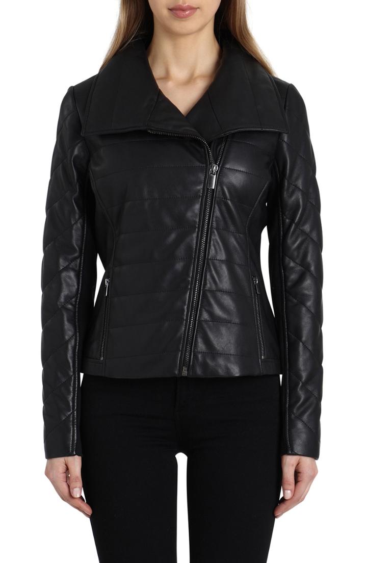 Women's Badgley Mischka Envelope Collar Quilted Leather Biker Jacket - Black