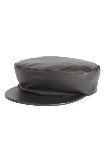 Women's Clyde Acton Lambskin Leather Baker Boy Cap - Black