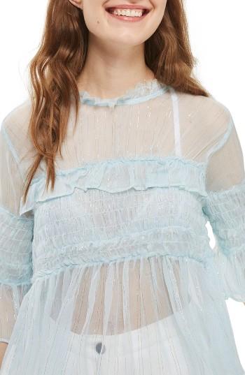 Women's Topshop Metallic Stripe Tulle Top Us (fits Like 0) - Blue