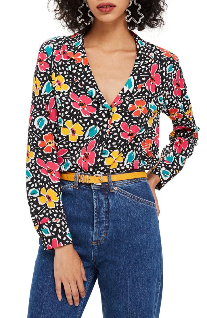 Women's Topshop Floral Pajama Style Shirt Us (fits Like 2-4) - Black