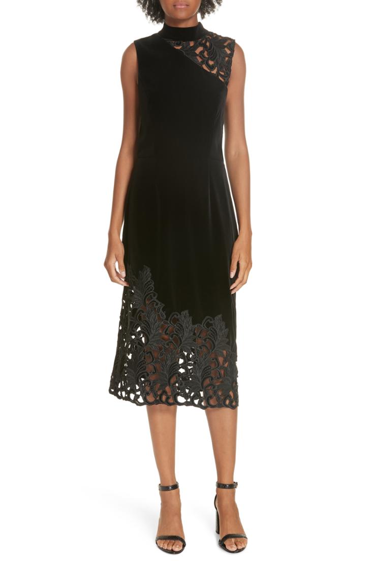 Women's Alice + Olivia Kiana Velvet & Lace Midi Dress - Black