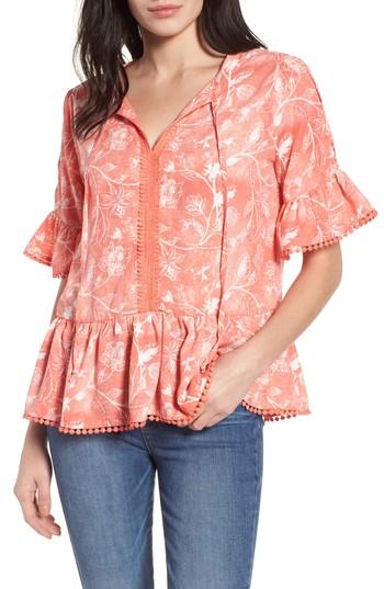 Women's Caslon Print Peplum Top, Size - Coral