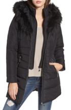 Women's Maralyn & Me Faux Fur Collar Quilted Walker Coat - Black