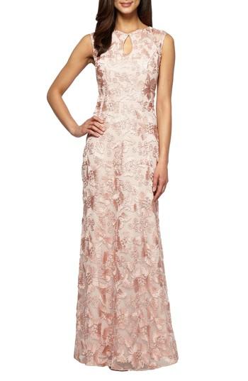 Petite Women's Alex Evenings Mesh Gown P - Beige