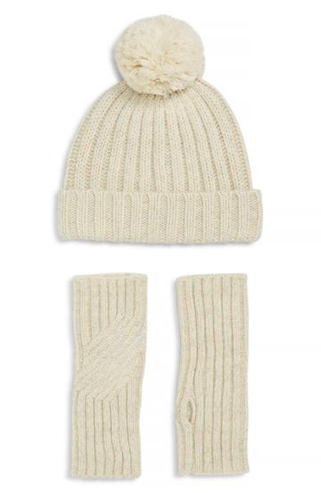 Women's Ugg Shimmer Cable Knit Arm Warmers & Pom Beanie Set - Ivory