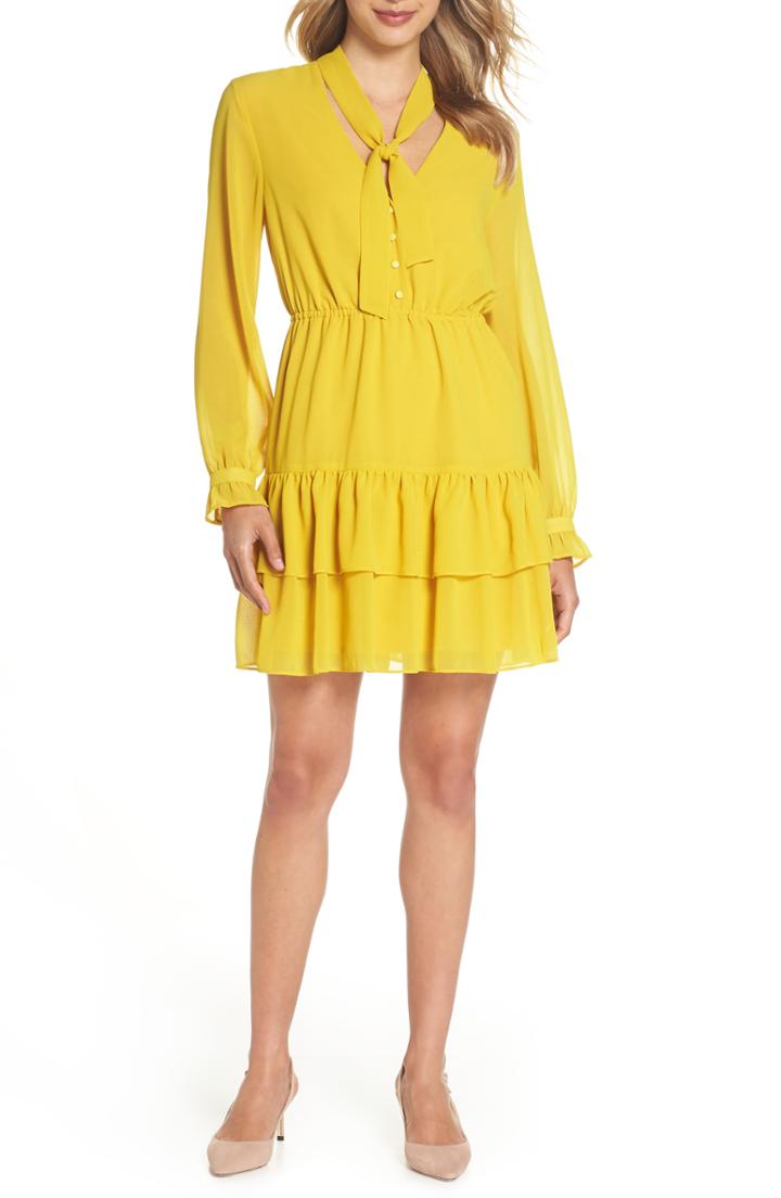 Women's Bb Dakota 9-to-5 Chiffon Tie Neck Dress - Yellow