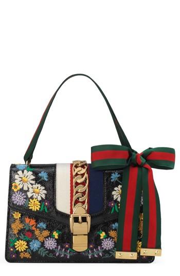 Gucci Small Sylvie Floral Embroidered Leather Top Handle Shoulder Bag - Black