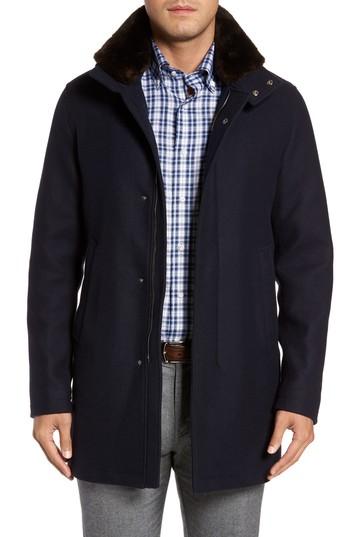 Men's Herno Genuine Beaver Fur Collar Wool Blend Coat