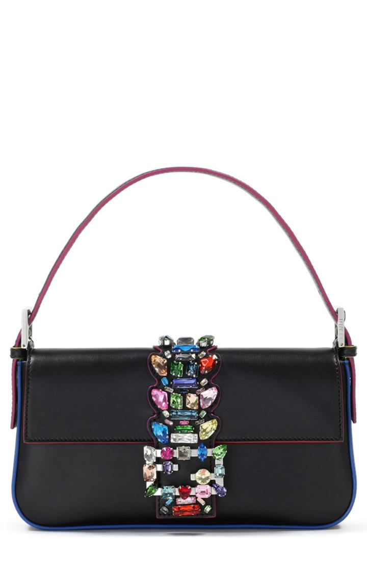Fendi Crystal Embellished Leather Baguette - Black