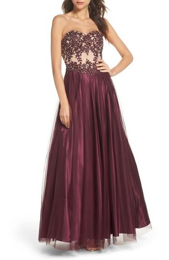 Women's Blondie Nites Strapless Applique Ballgown - Burgundy