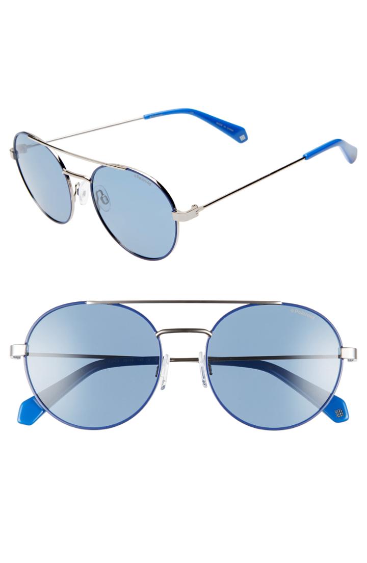 Women's Polaroid 55mm Polarized Round Aviator Sunglasses - Blue/ Silver