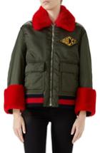 Women's Gucci Faux Fur Trim Nylon Flight Jacket Us / 40 It - Green