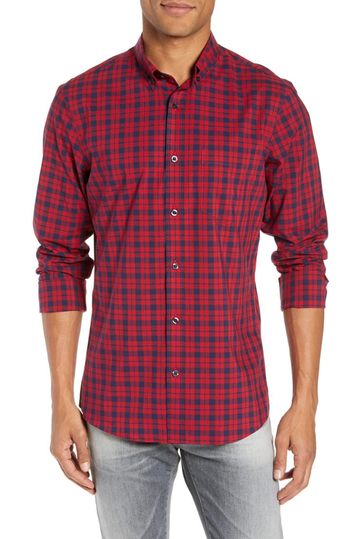Men's Nordstrom Men's Shop Tech-smart Slim Fit Plaid Sport Shirt, Size - Red