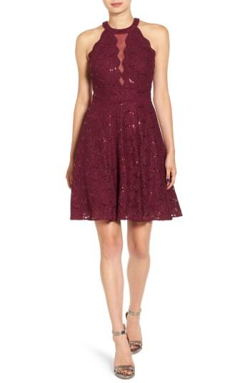 Women's Morgan & Co. Embellished High Neck Skater Dress /2 - Burgundy