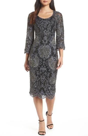 Women's Pisarro Nights Embroidered Scallop Edge Midi Sheath Dress - Black