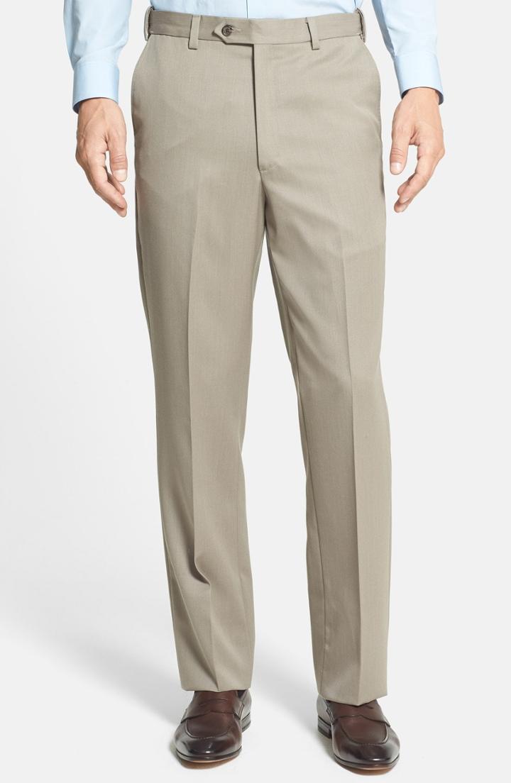 Men's Berle Self Sizer Waist Flat Front Wool Gabardine Trousers X Unhemmed - Beige