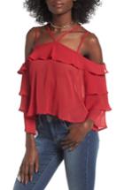 Women's Love, Fire Ruffle Cold Shoulder Blouse - Red