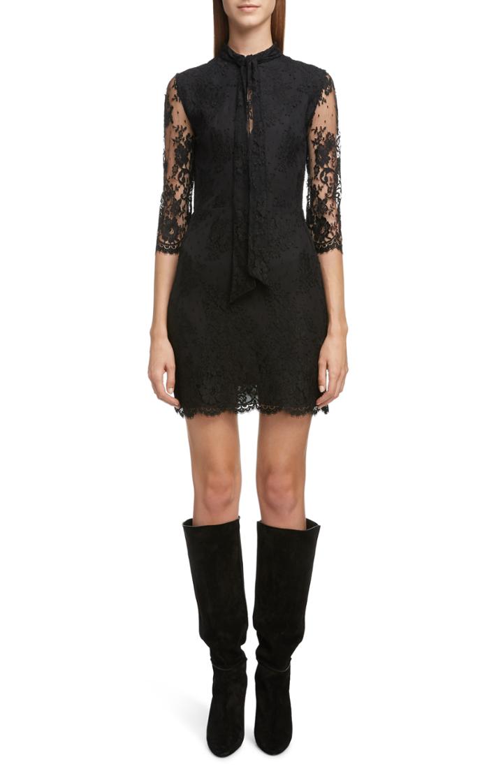 Women's Saint Laurent Spotted Tie Cuff Shift Dress Us / 36 Fr - Black