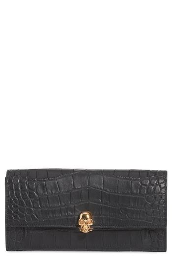 Women's Alexander Mcqueen Skull Croc Embossed Leather Wallet On A Chain - Black