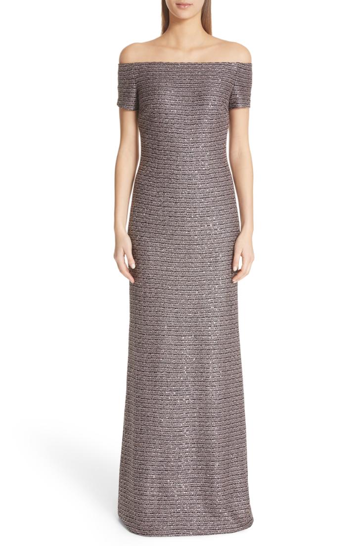 Women's St. John Evening Off The Shoulder Sequin Knit Gown