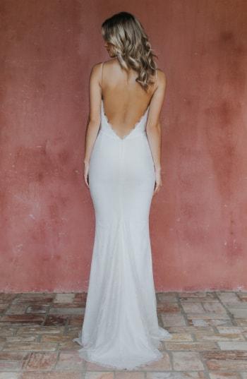Women's Noel And Jean By Katie May Oh Baby Plunging Lace Trumpet Gown
